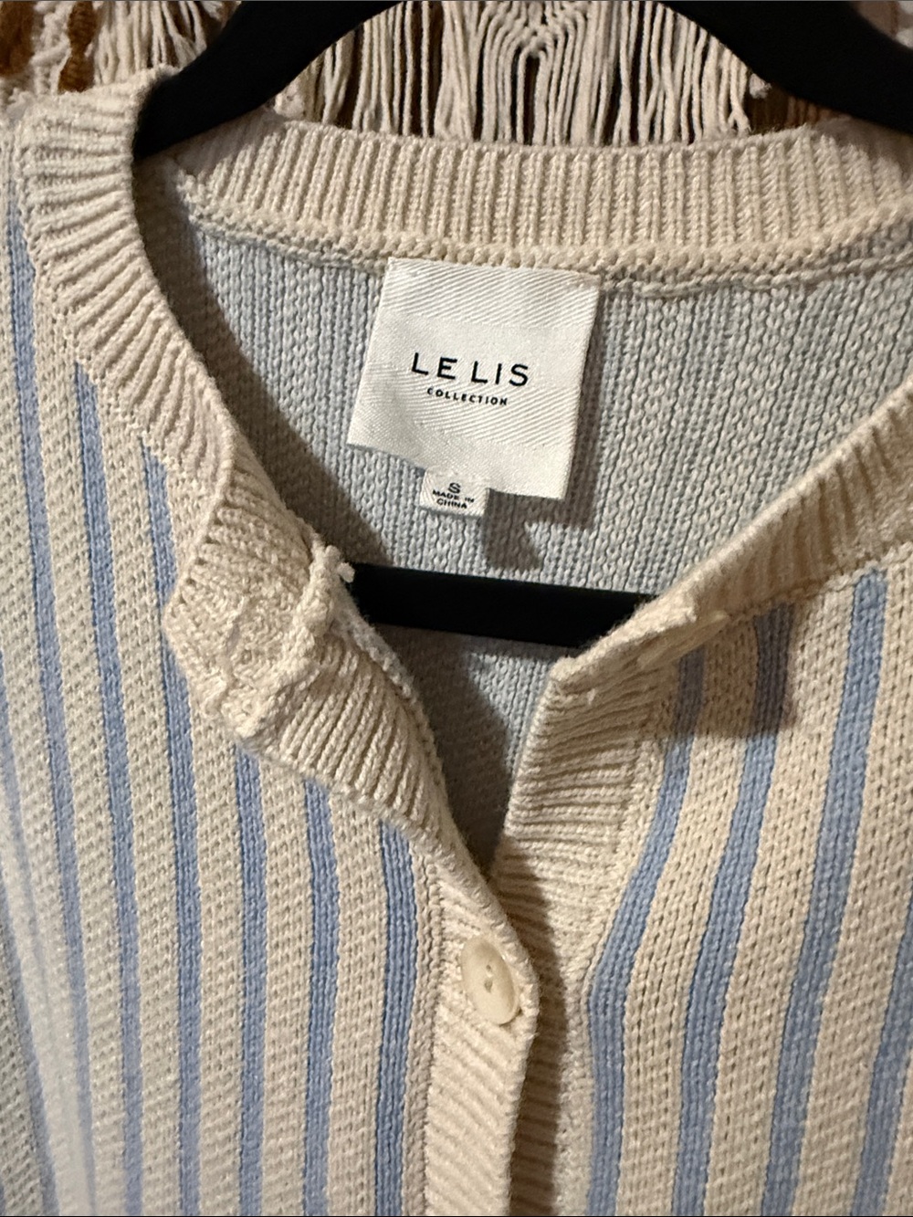 Le Lis Cream and Light Blue Striped Cardigan with Rose Pocket Embroidery - Picture 2 of 5